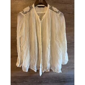 Zara Basics size Medium Beaded white blouse button down party  wrinkled style